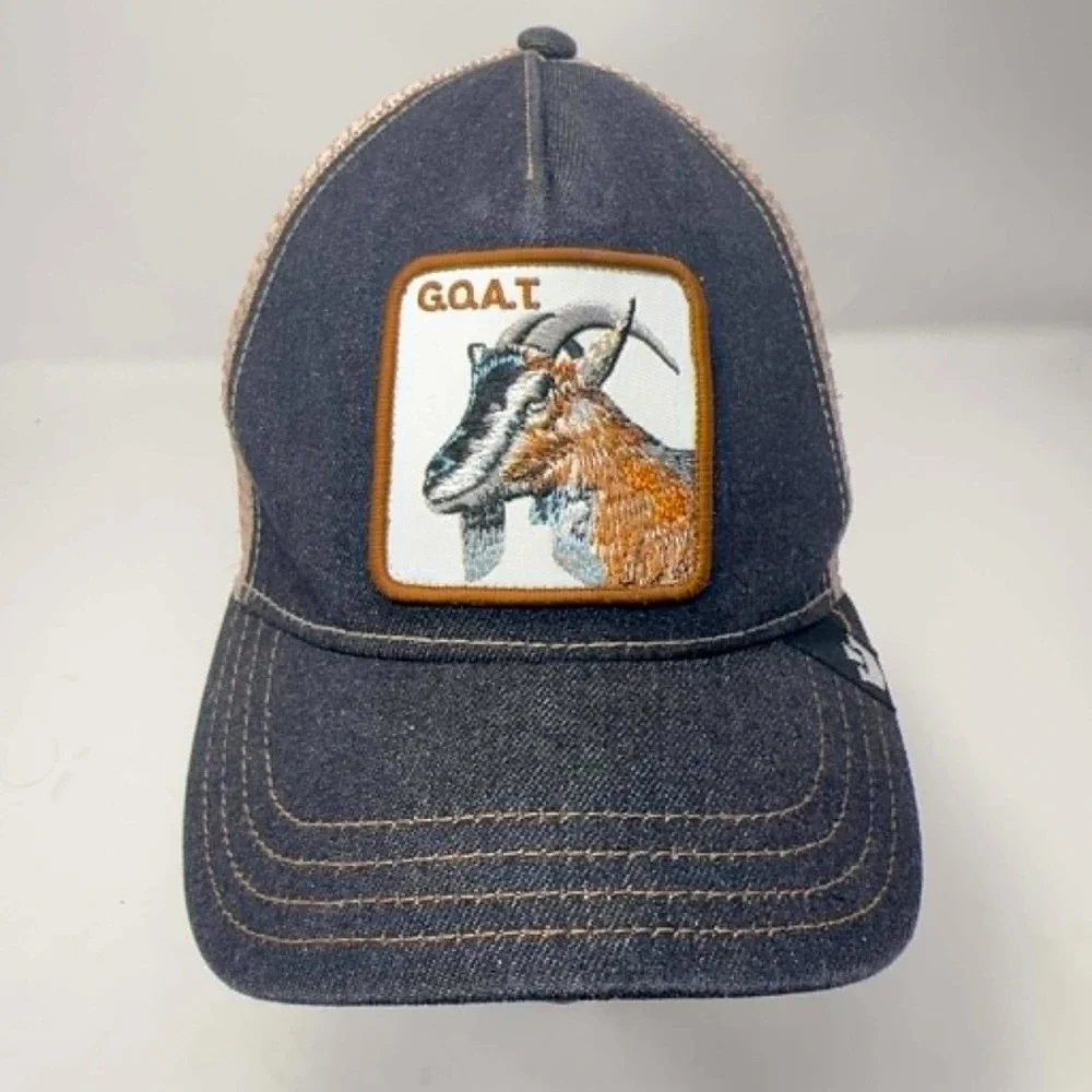 Goorin‎ Bros The Farm GOAT Trucker Hat Navy Blue Beige Mesh Denim Snapback Cap